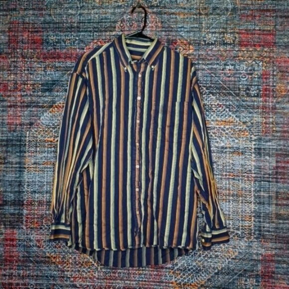 Burberry London mens navy green red beige white striped button front L USA - Picture 1 of 4